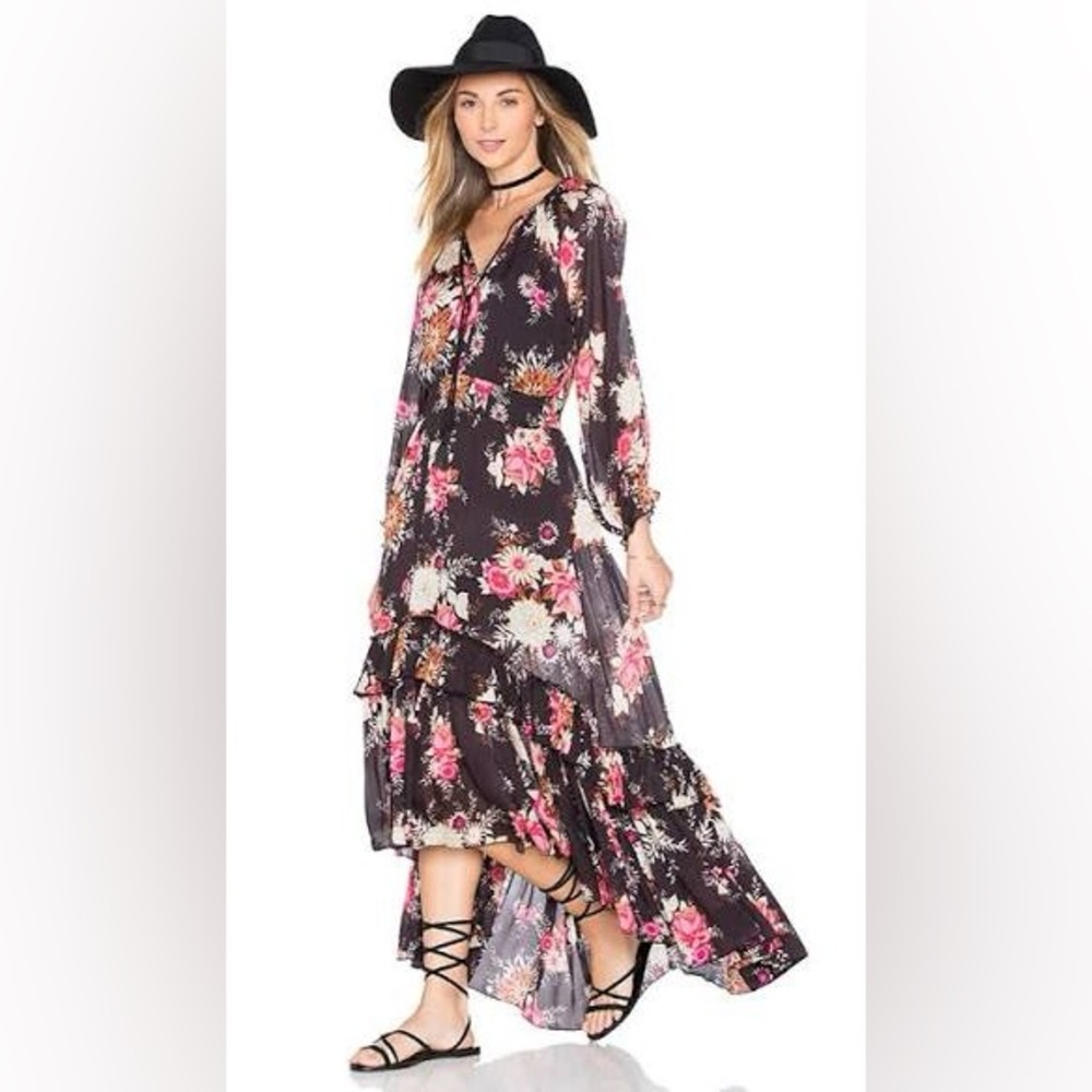Spell Jagger Floral High/Low Dress - Black and Pink, Medium